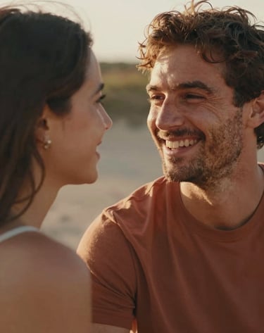 A candid, warm portrait of a man looking at his partner (off-camera) with a genuine, spontaneous smile. Cinematic lighting with a soft burnt terracotta #AD7B5B glow on the skin. Natural, sun-soaked background.