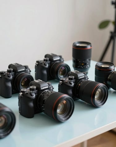 An inspiring shot of a professional camera review setup in a North American studio. Multiple high-end cameras and lenses are arranged on a clean, light blue desk under soft, diffused professional lighting, reflecting a trustworthy and modern atmosphere.