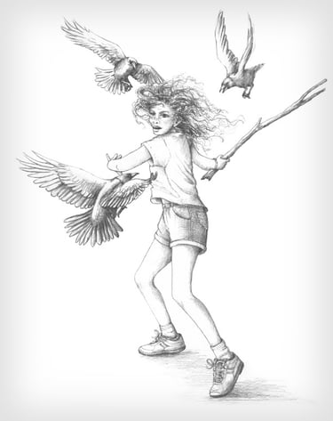 Girl fighting evil magpies
