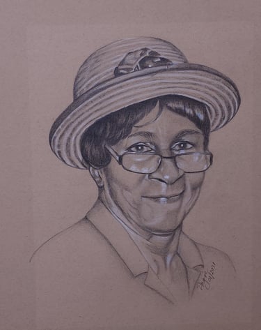 a drawing of a woman in a hat and glasses