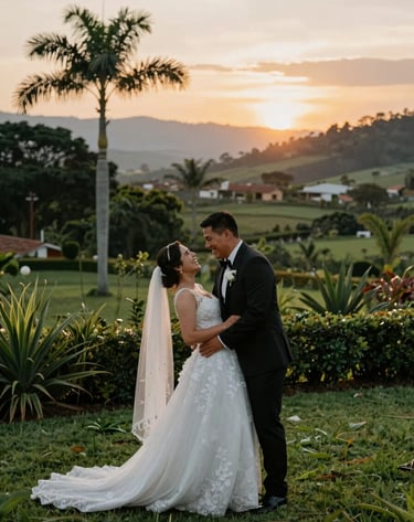 A joyful wedding couple laughing during a sunset photoshoot in a lush green garden in Palmira, Valle, South American / Colombian region, captured in a modern, minimalist photography style.