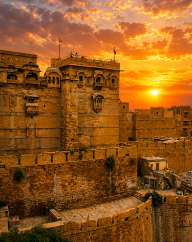 Sunrise over Jaisalmer Fort viewed from a rooftop hotel.