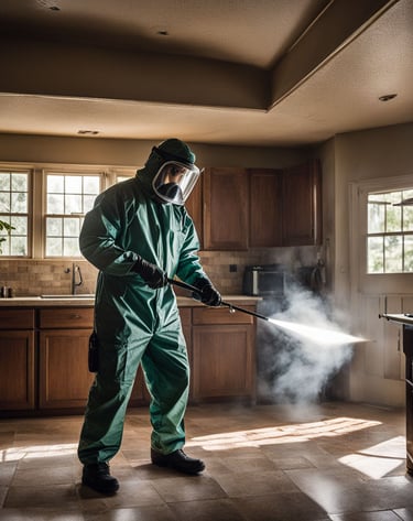 a man in a green coveralluit and a gas mask
