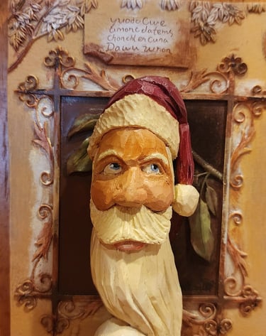 Harved santa with hate and long curling bear, carved by James Smith
