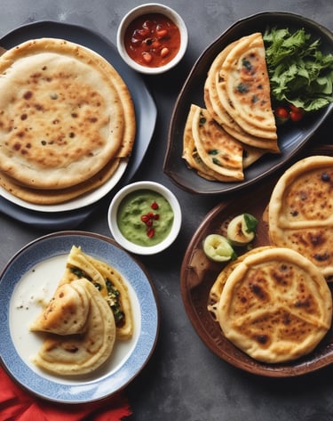 A serving dish contains several yellow chapatis folded over slices of spicy sausage, topped with garnish such as carrots and an onion flower. A small bowl of green chutney is placed beside the dish.