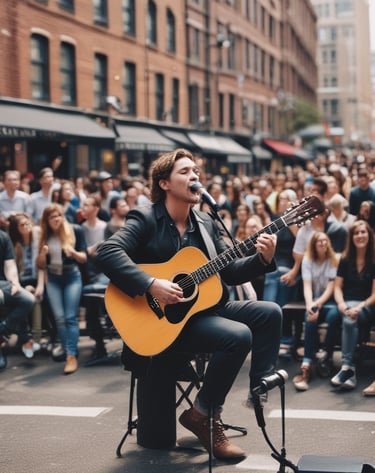 A singer with a vintage microphone captivating listeners under string lights at dusk.