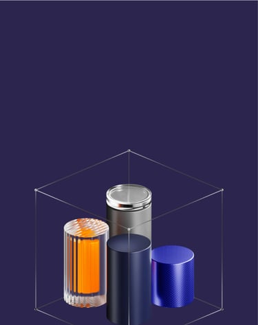 a group of three different colored cylinders with a blue and orange one