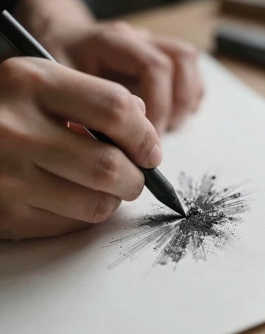 A macro shot of an artist's hands working with charcoal on premium paper. The lighting is soft and focused, emphasizing the texture of the medium. Brand colors #F8F8F8 and #0A0A0A create a stark, artistic contrast.