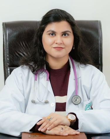 A professional female doctor in a white lab coat with a purple stethoscope.