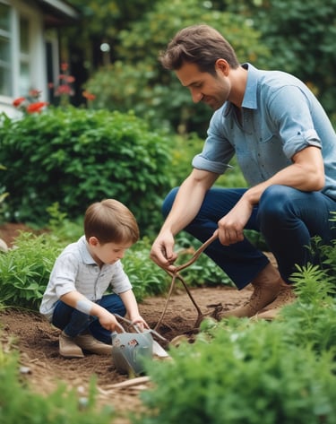 A young child with blond hair appears in the foreground, looking to the side with a thoughtful expression. In the background, a figure wearing a red shirt and sunglasses sits in a wheelchair, slightly out of focus. The setting includes a mix of natural and artificial lighting, with brick walls and some blurred objects, possibly creating a cozy atmosphere.