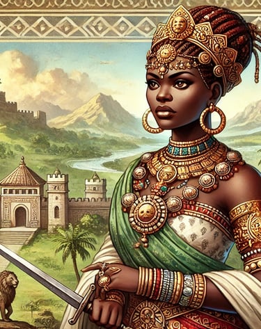 Njinga MBANDE - Beautiful black warrior queen in ceremonial dress and jewellery. Deified by the Mbun