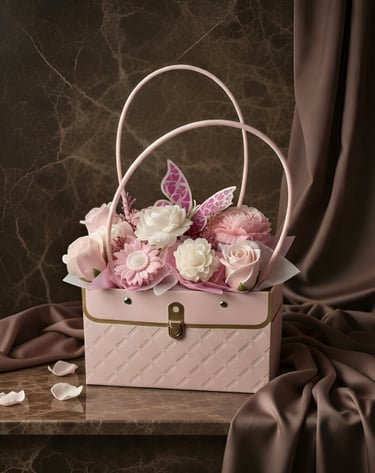 Elegant pink and white floral gift basket shaped like a purse with a butterfly accent.