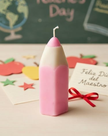 Pink pencil shaped candle with a Feliz Dia del Maestro card for Teacher Appreciation Day.