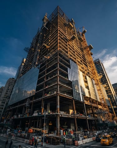 Low-angle architectural exterior of a modern commercial office tower under construction, towering steel frames and glass panels catching dramatic morning light, 35mm cinematic