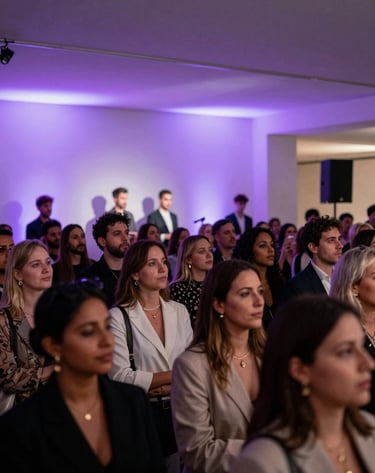 Wide shot of a sophisticated crowd at a high-end music event in a Spanish / Latin American city, atmosphere filled with electric violet and soft silver stage lighting, elegant minimalist aesthetic.
