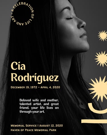 Elegant celebration of life memorial poster with portrait and gold design elements.