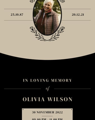 Elegant memorial poster with portrait and service details for Olivia Wilson.