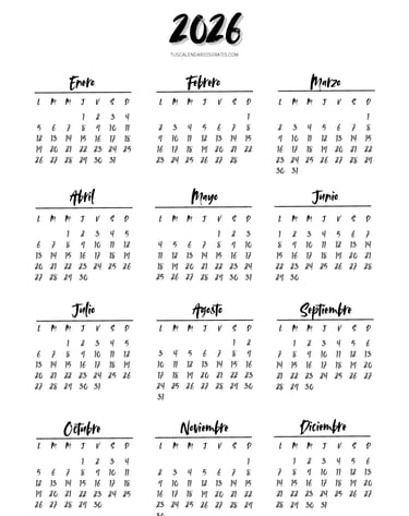 Calendario anual 2026 minimalista Avallon para imprimir en PDF