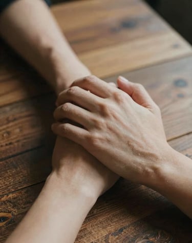 A close-up, cinematic shot of two hands intertwined, resting on a rustic wooden table. The lighting is soft and directional, highlighting natural textures. Colors include warm wood tones and soft skin highlights.