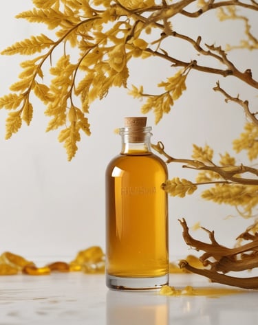 A dropper releasing golden shine oil onto natural, textured hair under soft sunlight.