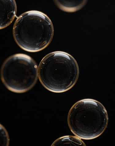 Dark luxury macro photography of abstract fluid dynamics of gold-rimmed vesicles, high-contrast low-key lighting, deep black background, 85mm