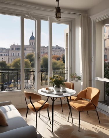 Compact living room featuring a stylish sofa and colorful rugs.