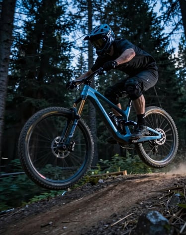 A dynamic side-profile shot of a mountain biker catching air over a jump in a North American forest during twilight. The image uses motion blur to convey speed, with a futuristic aesthetic achieved through cool steel blue lighting and deep black shadows.
