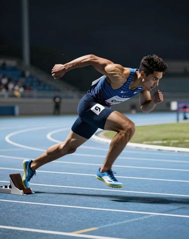 An intense action photograph of a sprinter exploding from the blocks on a modern track in the US. Captured from the side, with a slight motion blur on the legs to convey extreme speed. The lighting is cold and futuristic, utilizing pale icy blue tones against a dark charcoal background.
