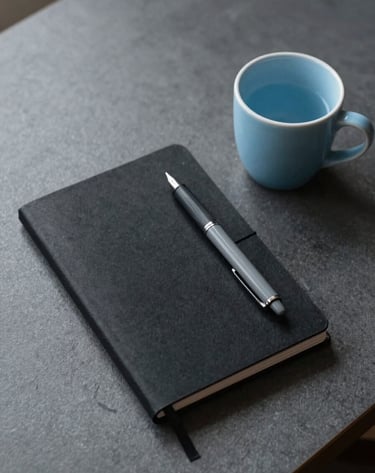A minimalist overhead shot of a creative workspace. A black notebook, a grey fountain pen, and a single light blue ceramic cup are arranged neatly on a dark grey textured desk. Soft, natural side lighting, professional and serene atmosphere.