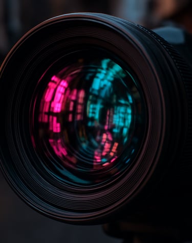 Close-up of a high-end camera lens capturing the distorted reflections of magenta and cyan signage in an East Asian urban alleyway.