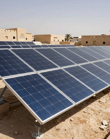 Close-up of high-efficiency solar panels with Dammam’s skyline in the background.