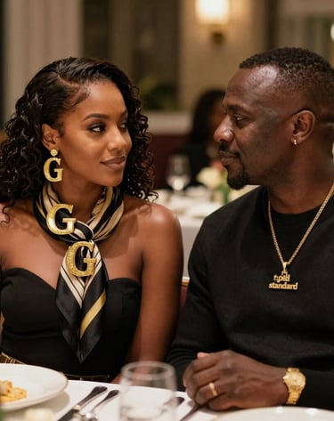 A stylish model wearing the Gold Standard fragrance, surrounded by subtle musical notes and golden accents.