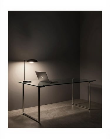 A high-end studio portrait of a modern, minimal workspace. A single glass desk, a thin laptop, and an architectural lamp. The room is dark charcoal (#111111) with a soft warm off-white glow (#F0EDE8) from the side. Clean lines and professional atmosphere.