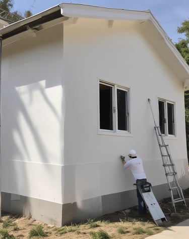 Side view of a house with visible layers of insulation beneath the rendering