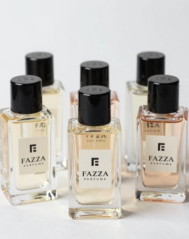 A lineup of Fazza Perfumes bottles showcasing unique designs and elegant shapes.