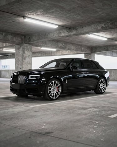 Photography of a sleek, black luxury performance vehicle parked in a minimalist concrete parking structure in the US. The chrome rims and accents glisten under harsh overhead industrial lighting.