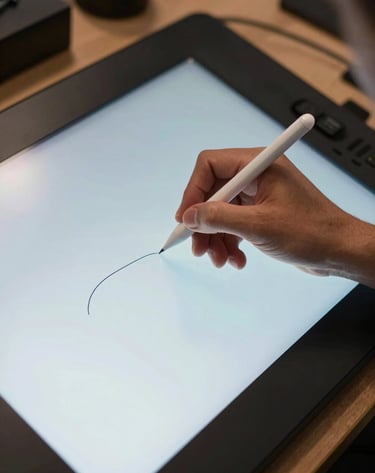 A close-up of a hand in a North American / US design studio using a stylus on a glass screen to draw. The screen glows with soft white and sky blue light. Professional and focused atmosphere.