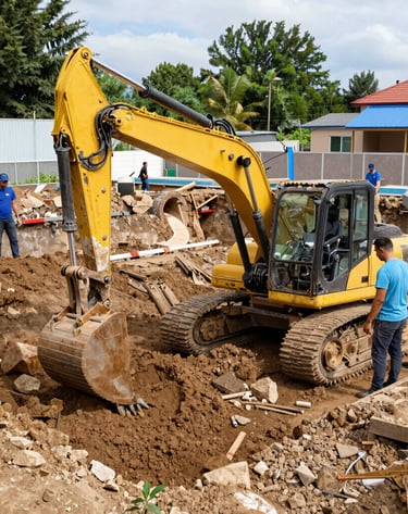 Construction workers installing structural elements on a building frame.