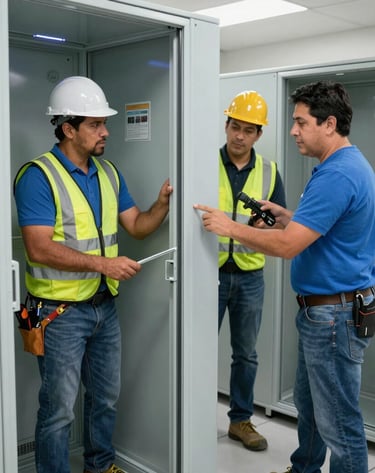 Construction workers installing structural elements on a building frame.
