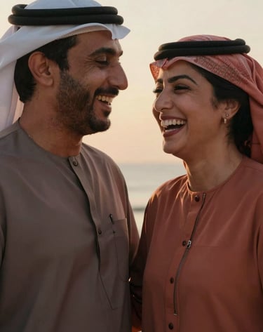 A candid, close-up photograph of a couple sharing a genuine laugh in a Middle Eastern / Gulf coastal setting at sunset. The lighting is warm and cinematic, highlighting their expressions. The palette includes burnt terracotta and charcoal accents in their attire.