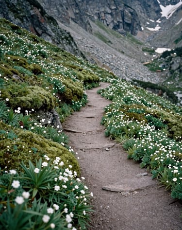 A serene landscape photograph of a winding mountain trail in the North Cascades, North American / US, bordered by lush green moss and small white alpine flowers, sophisticated minimalist style, natural soft lighting.