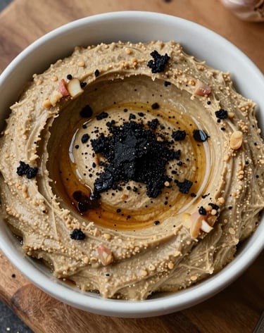 Artisan preparing fresh black garlic and lemon hummus in a rustic kitchen, highlighting the craftsmanship behind the product.