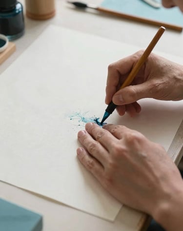 A close-up photograph of a skilled artisan's hands working with fine paper and ink in a brightly lit European / French atelier. The palette is dominated by soft off-white and muted teal blue. Soft natural daylight emphasizes the delicate texture of the materials.