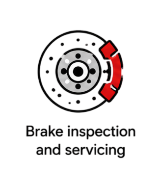 Graphic illustration of a car disc brake with a red caliper for brake inspection and servicing.