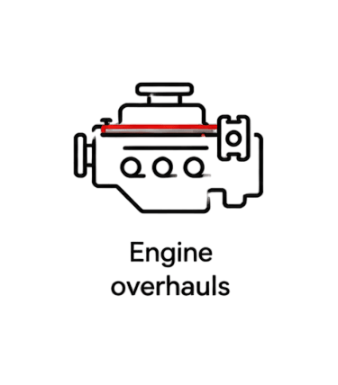 Graphic icon of a car motor with engine overhauls text for automotive repair services.