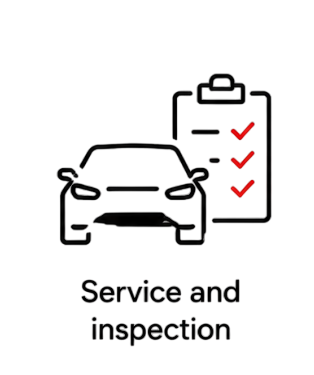 Car service and inspection icon featuring a vehicle outline and a checklist with red marks.