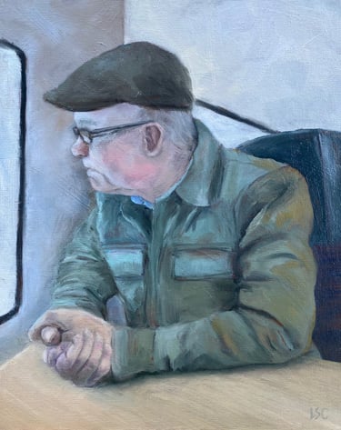 An original oil painting of a man deep in thought on the train