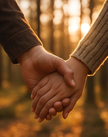 Detailed close-up of a couple's hands joined together, soft-focus background of a North American forest at sunset. Warm sun-drenched lighting and cinematic bokeh.