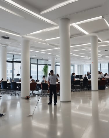 Team members using professional equipment during a seasonal deep clean in a large office.