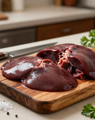 Skewers of seasoned liver and meat grilling over glowing charcoal embers